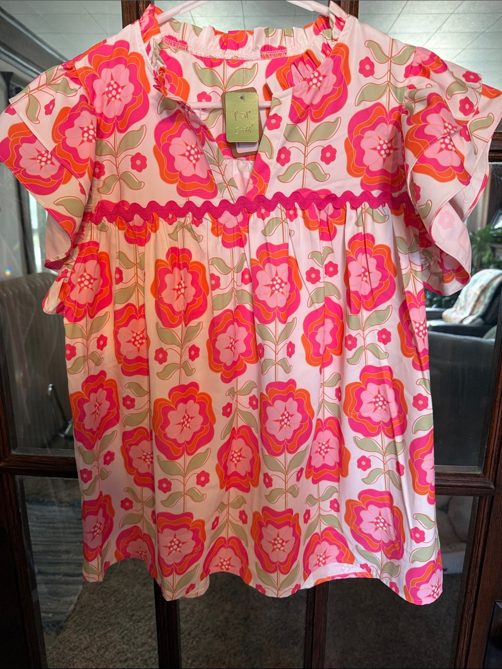 Women’s Pink Floral Ruffle Sleeve Blouse